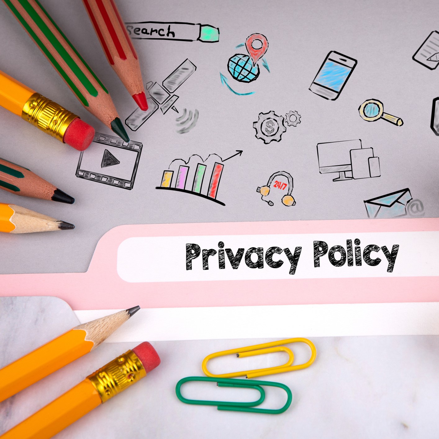 Privacy Policy concept, illustration and icons. Folder register on desk.